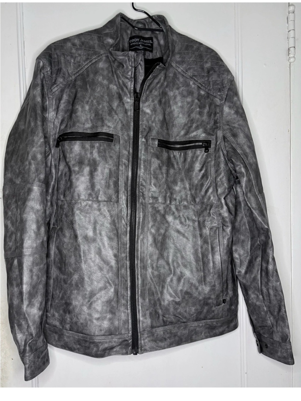 Cody James Men's Gray Faux Leather Zip Bomber Jacket